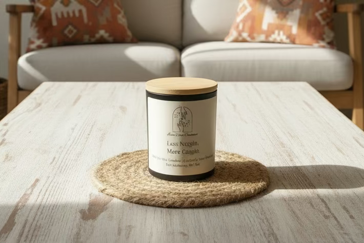 Candle on a woven coaster with a couch and pillows in the background