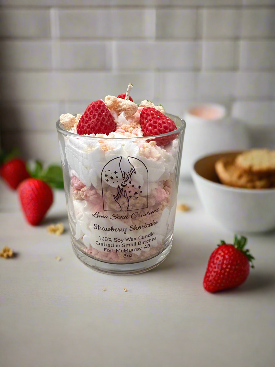 Strawberry Shortcake Dessert Candle 
Indulge your senses with our Strawberry Shortcake Dessert Candle, a sweet blend of juicy strawberries, creamy vanilla sugar, and a golden buttery biscuit base. This candle smells just like your favourite summer dessert — rich, comforting, and absolutely irresistible.
Each 100% soy candle is hand-poured in small batches using premium fragrance oils for a long, clean burn. Perfect for adding a cozy touch to your home or gifting to someone who loves dessert-inspired candles